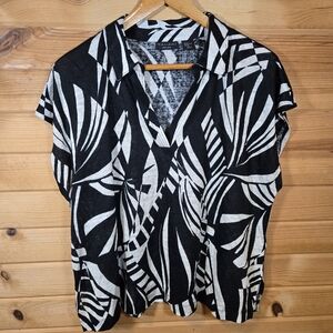 Tahari Linen Top Black Ivory Sleeveless Tropical Leaf Resort Coastal 2XL XXL